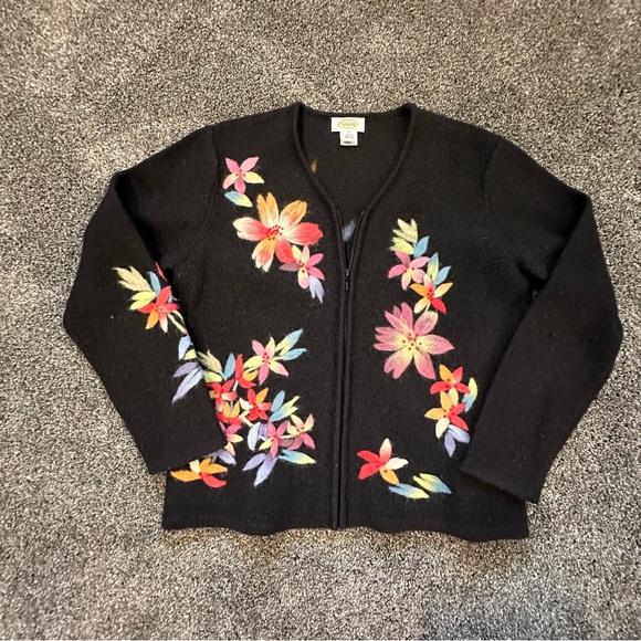 Talbots wool zip cardigan with embroidered floral detail - Picture 6 of 8